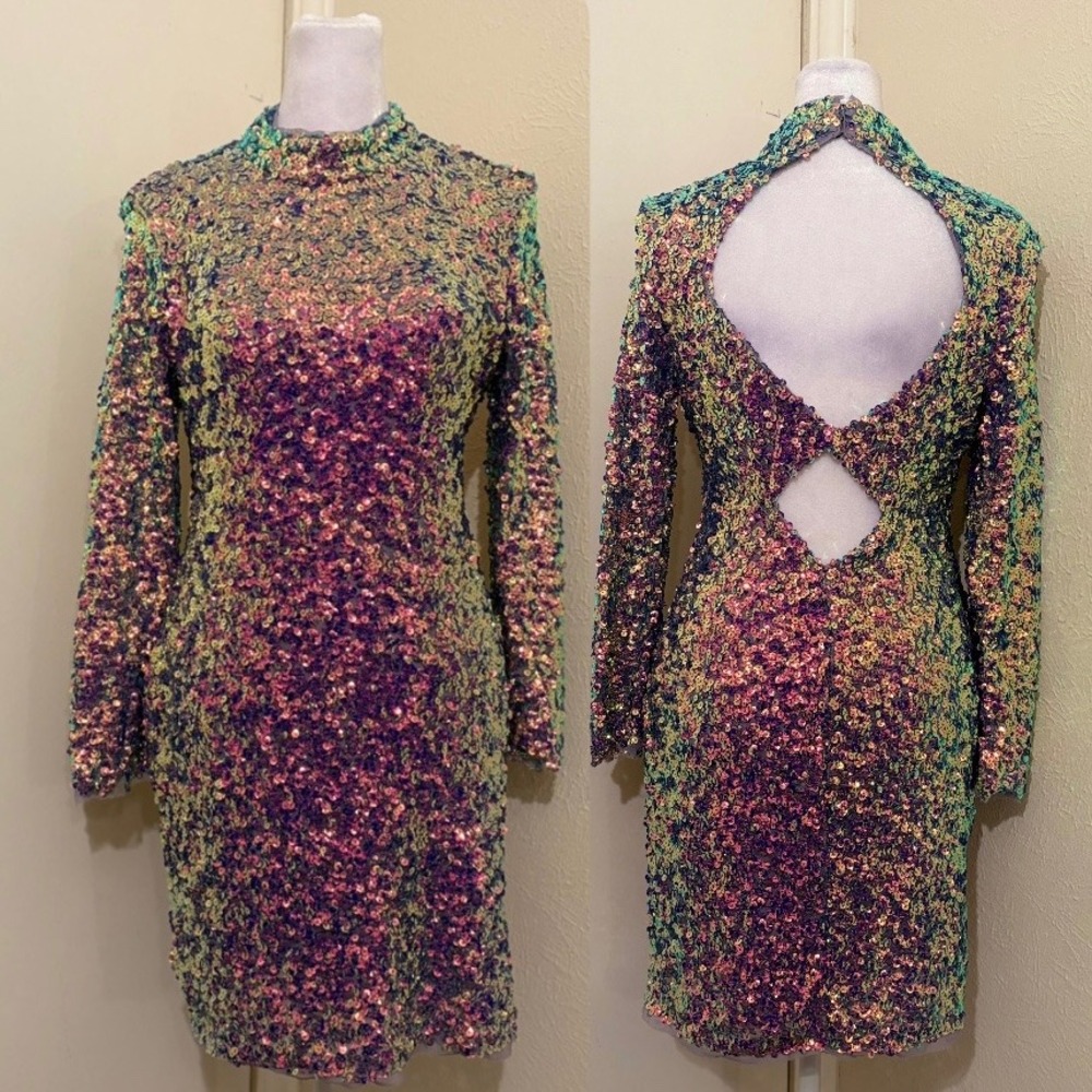 Free People Sequin Mini Dress Iridescent Purple Pink Gold Open Back Mock Neck S‎